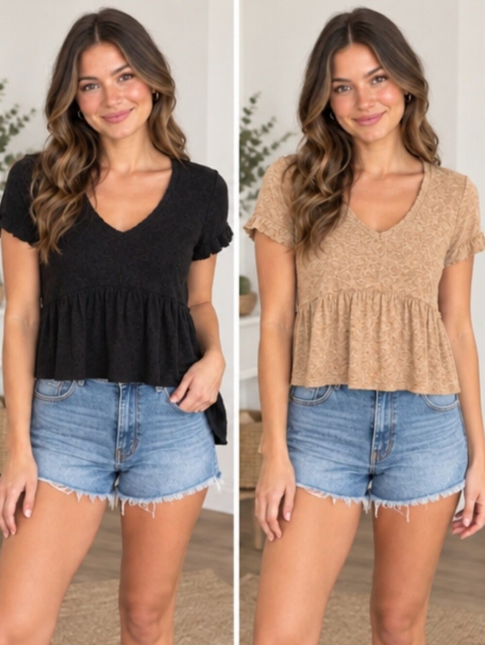 Mudd V-Neck Short Sleeve Peplum Top - Black & Camel Small